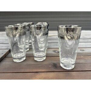 Vintage Dorothy Thorpe Thistle Silver Banded MCM HIghball Cocktail Glasses set o